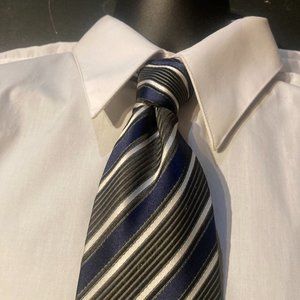 Hugo Boss Mens Silk Necktie Black Blue Silver Striped Tie Italy